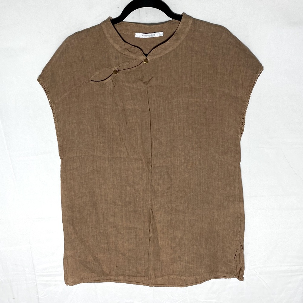 Lauren Vidal Tan Brown Linen Cap Sleeve Tunic Blouse with Mandarin Collar L